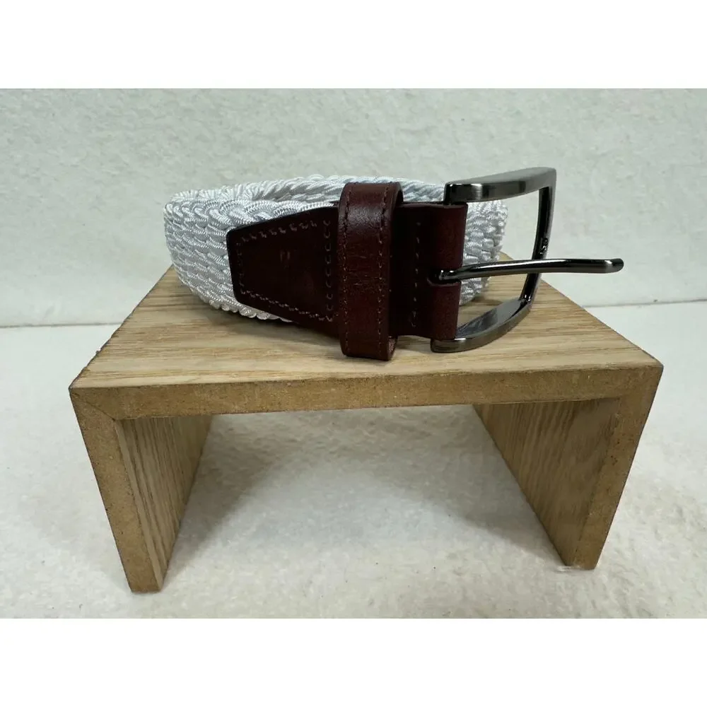 Johnston & Murphy Woven Braided Stretch-Knit Belt Brown Leather Trim SZ XL